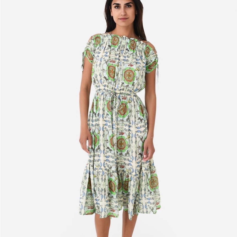 Tory Burch carousel printed silk Green White Midi Sundress lace up sleeves sz 10